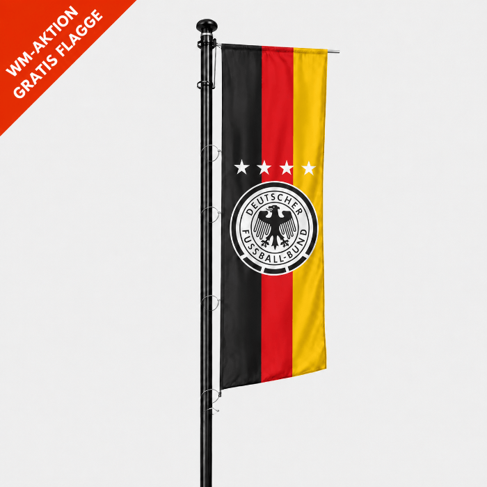 8 Meter schwarzer Aluminium-Fahnenmast mit hissbarem Ausleger Ø90 mm und kostenloser WM-Flagge